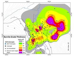 Figure 2. Grade-Thickness Map Incorporating Results from 2017 and 2018 Drilling Programs (CNW Group|Trilogy Metals Inc.)