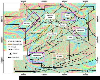 "Figure 13: ??l??onore property geophysical data and location of targets. (CNW Group|Goldcorp Inc.)"