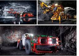 Figure 4: Underground electrical equipment at Borden including; A. Battery|Electric Development Jumbo (Sandvik DD422IE) B. Battery|Electric Mechanized Bolter (McLean 975 Omnia Bolter) C. Fully Electric Scoop | Underground Loader (Sandvik LH514E). (CNW Group|Goldcorp Inc.)