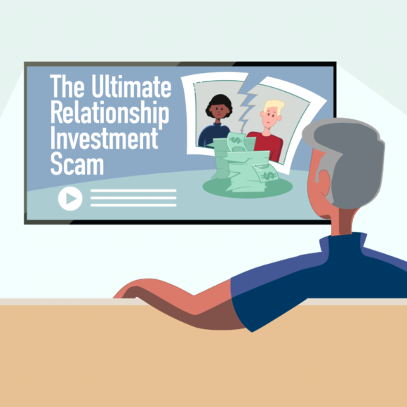 animated man watching tv, with the words "the ultimate relationship investment scam"