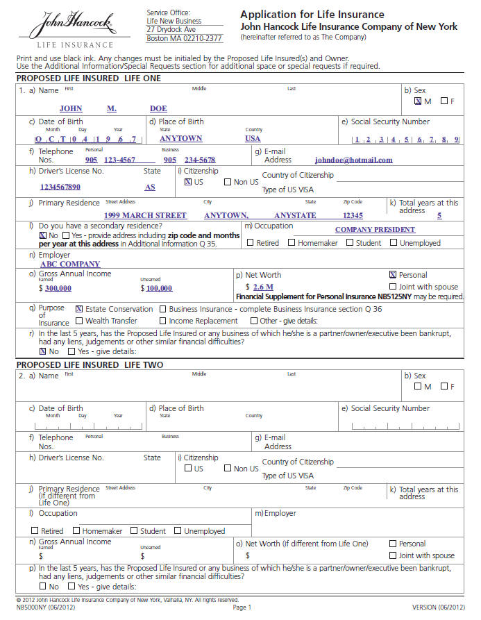 Specimen Policy Application