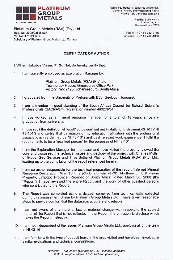 Certification of WVisser for WS Report - page 1