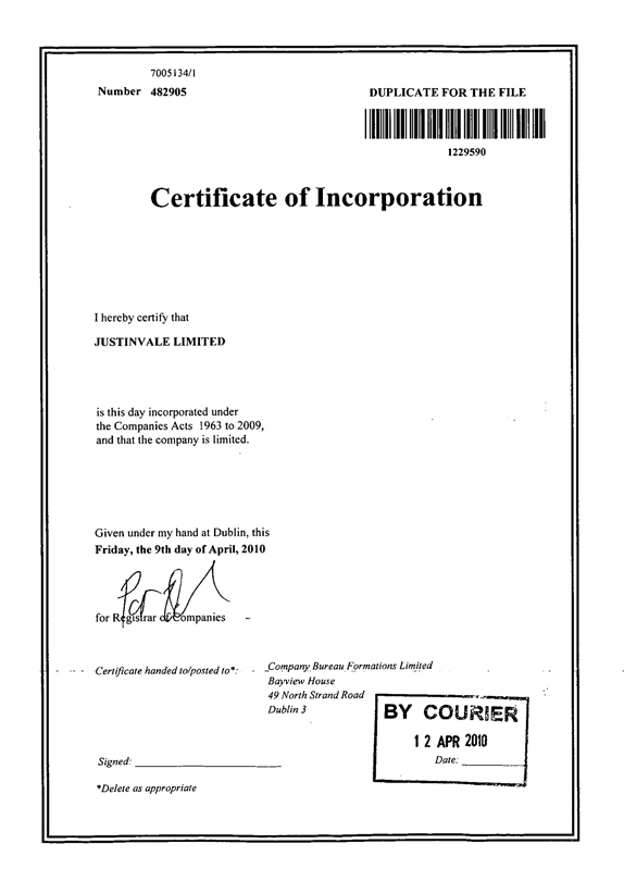 CHC Leasing (Ireland) Limited, Certificate of Incorporation