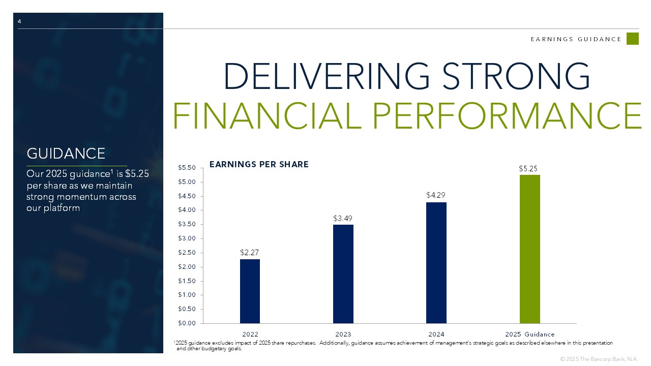 4 EARNINGS GUIDANCE DELIVERING STRONG  FINANCIAL PERFORMANCE GUIDANCE Our 2025 guidance 1 is $5.25  per share as we maintain  strong momentum across  our platform 1 2025 guidance excludes impact of 2025 share repurchases.  Additionally, guidance  assumes achievement of management’s strategic goals as described elsewhere in this presentation  and other budgetary goals. $0.00 $0.50 $1.00 $1.50 $2.00 $2.50 $3.00 $3.50 $4.00 $4.50 $5.00 $5.50 2022 2023 2024 2025  Guidance EARNINGS PER SHARE $5.25 $2.27 $3.49 $4.29