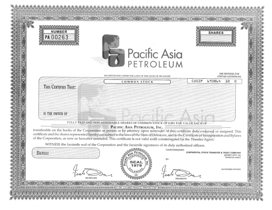 (STOCK CERTIFICATE FRONT)