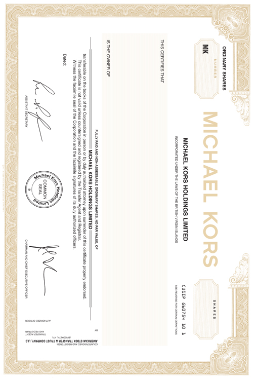 Specimen of Ordinary Share Certificate of Michael Kors Holdings Limited