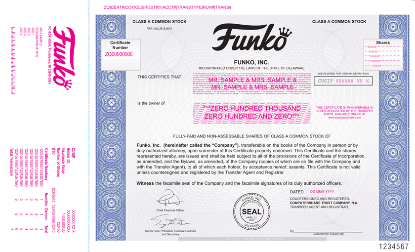 Funko Inc - Specimen Stock Certificate evidencing the shares of Class A  common stock - EX-4.1 - October 23, 2017