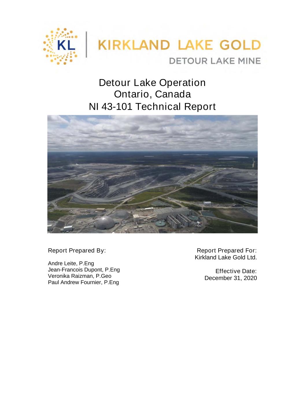Kirkland Lake Gold Ltd. - Detour Lake Operation Ontario, Canada NI 