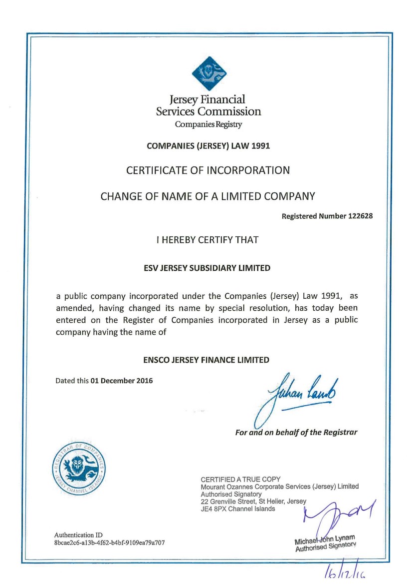 VAL / Valaris Limited - Jersey Financial Services Commission Companies  Registry COMPANIES (JERSEY) LAW 1991 CERTIFICATE OF INCORPORATION CHANGE OF  NAME OF A LIMITED COMPANY Registered Number 122628 I HEREBY CERTIFY THAT