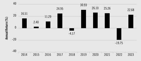 PerformanceBarChartData(2014:16.51,2015:2.4,2016:11.29,2017:24.95,2018:-4.17,2019:30.93,2020:26.1,2021:25.26,2022:-19.75,2023:22.68)