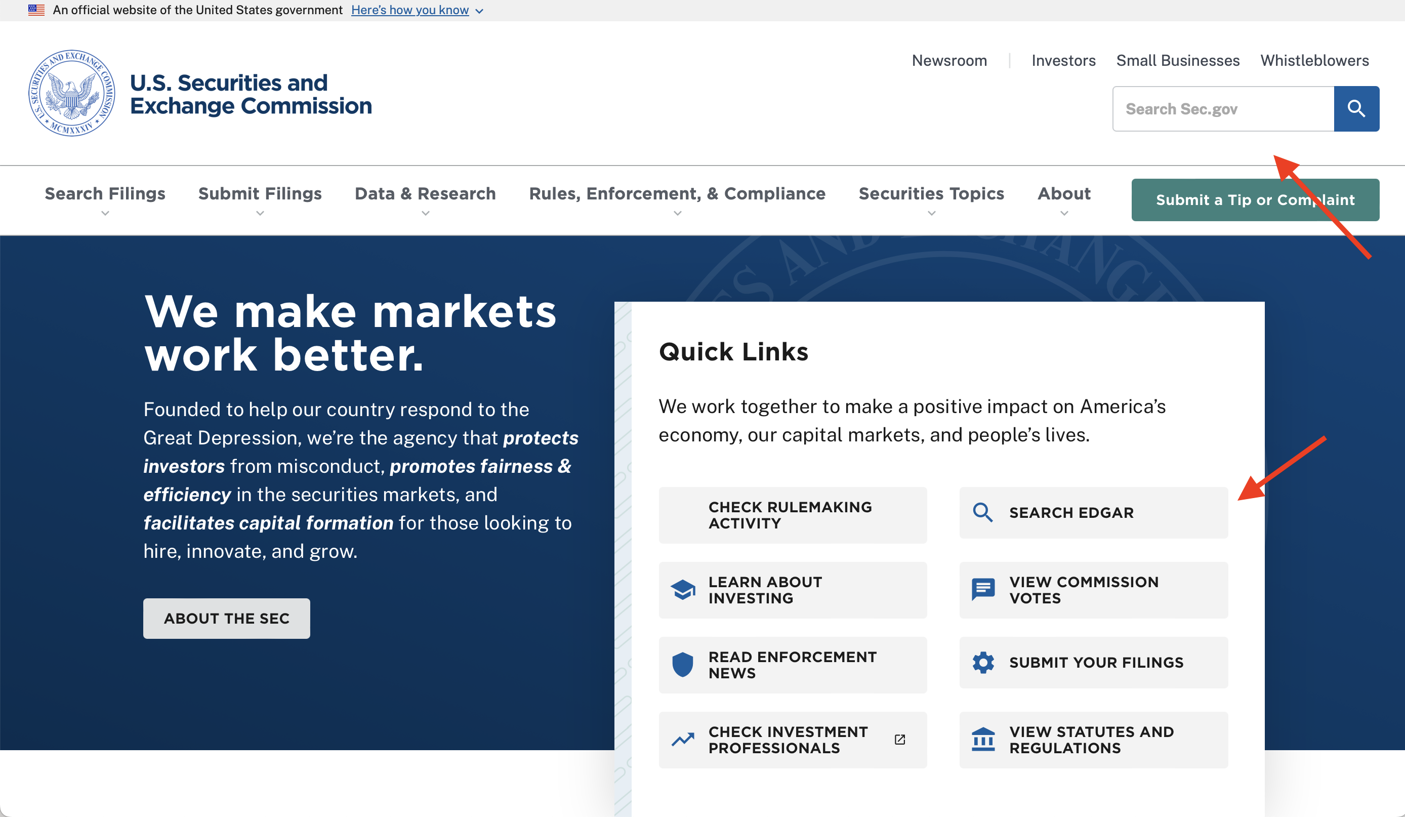 screenshot of SEC.gov arrows to EDGAR search options