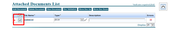 Screenshot depicting the attached Documents List on the EDGARLink Online Form Submission page