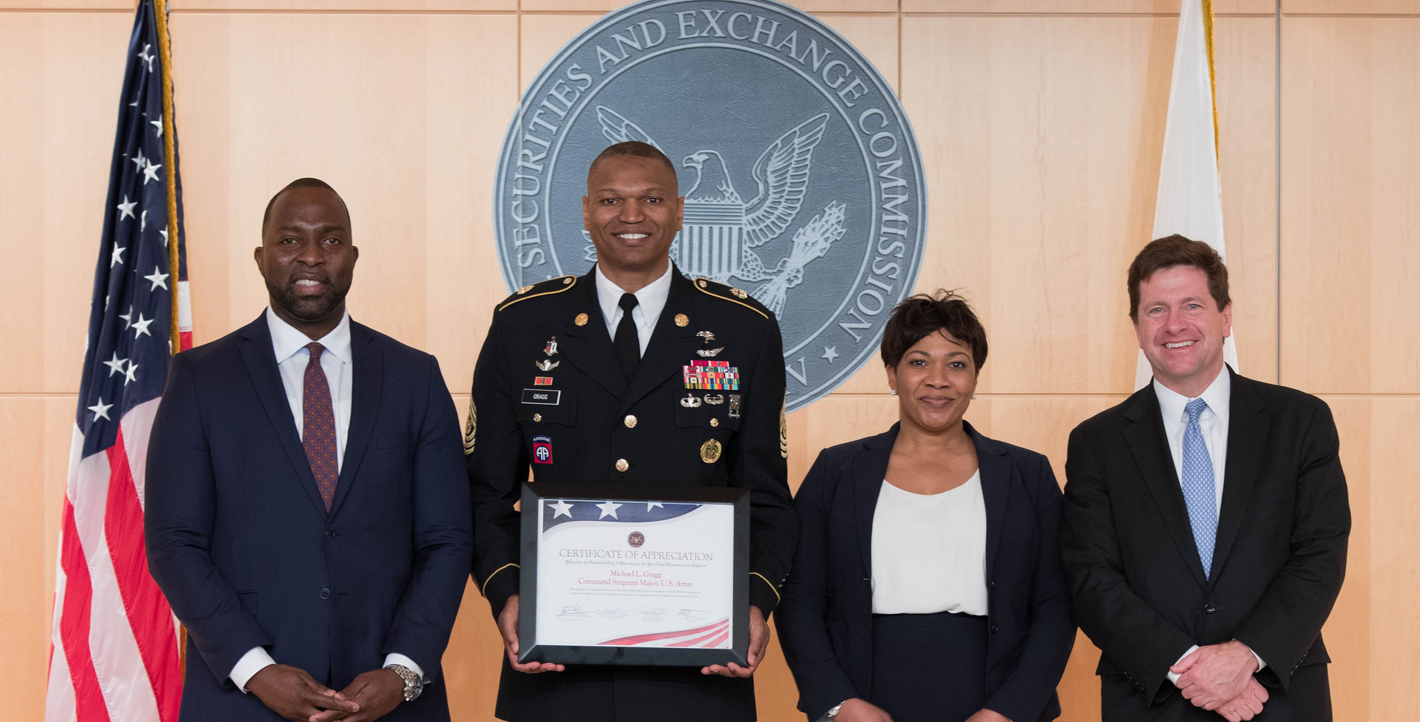  Left to right: Olawale Oriola, Command Sgt. Maj. Michael L. Gragg, Naseem Nixon, Chairman Jay Clayton