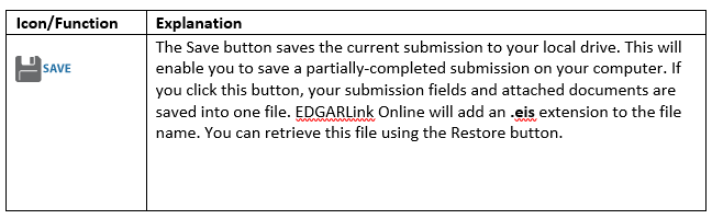 Table picturing the save icon along with an explanation of its function on the right side of the table
