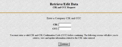 Screenshot of Retrieve/Edit Data page featuring fields to enter CIK & CCC
