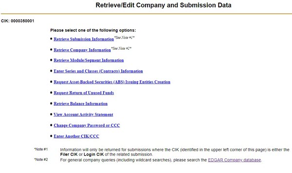 Screenshot of options to retrieve or edit company and submission data