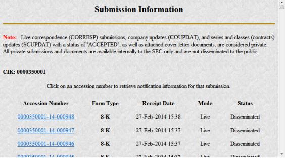 Screenshot of submission information page featuring clickable accession numbers