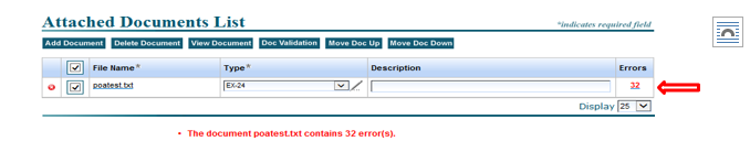 Screenshot depicting the Attached Documents List Error Validation screen indicating 32 errors
