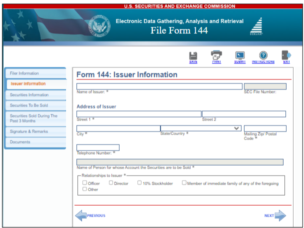 screenshot of Form 144 - issuer information page