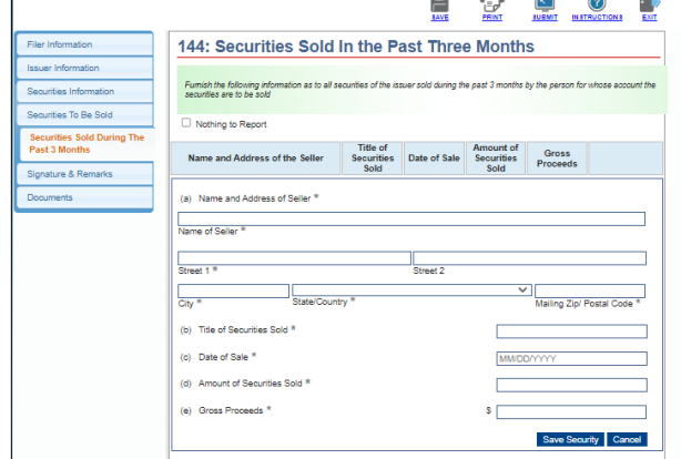 screenshot of Form 144 - securities sold in past 3 months page