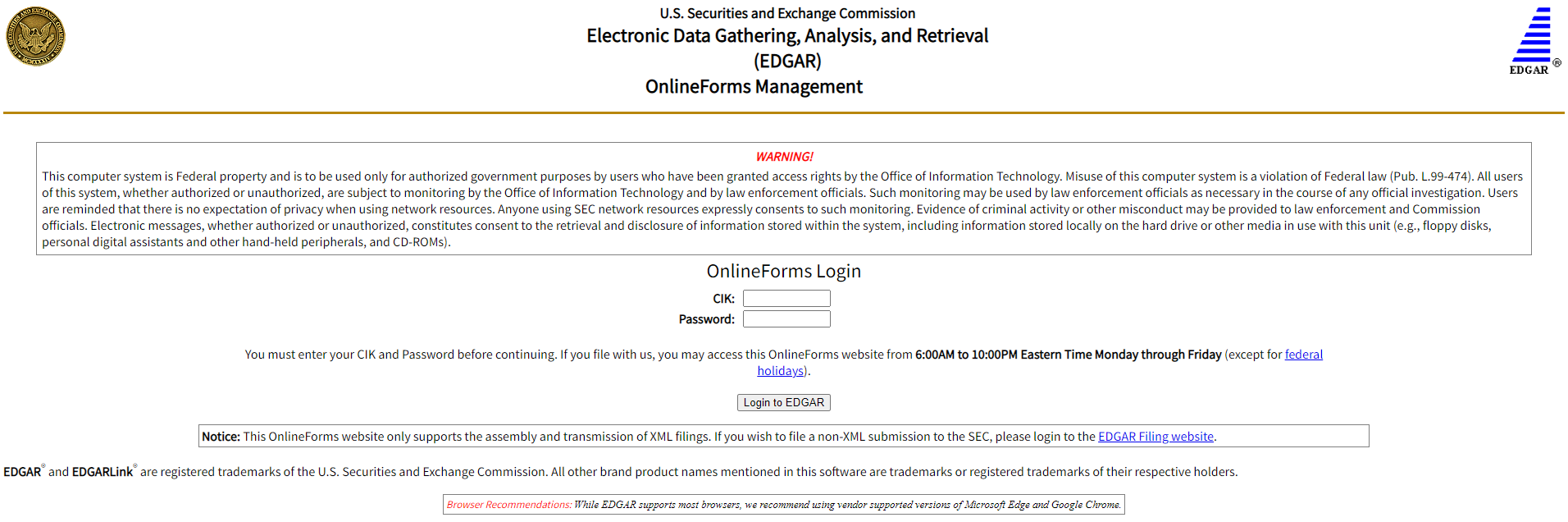 screenshot of EDGAR Online Forms Management